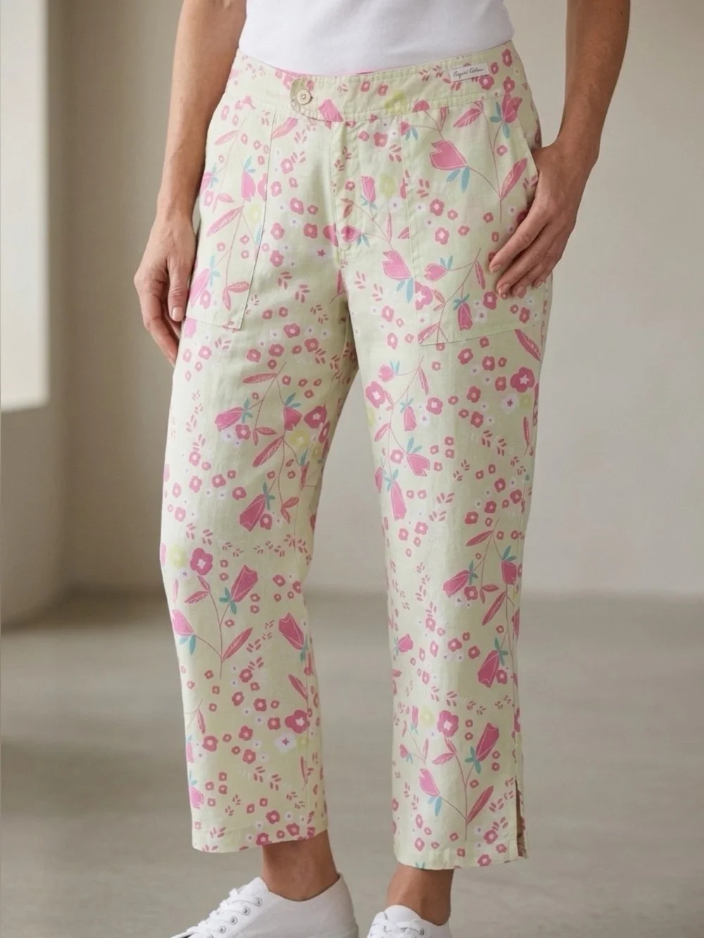 Sigrid Olsen Linen Pink Floral Crop Pants Size 12